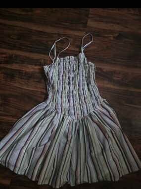 Spoon Jeans Striped Smocked Spaghetti Strap Fit & Flare Midi Sundress
